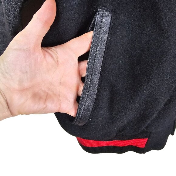 Texport Black & Red Wool Bomber Jacket 2XL Leather Sleeves Moto Bikercore Grunge - Picture 3 of 13